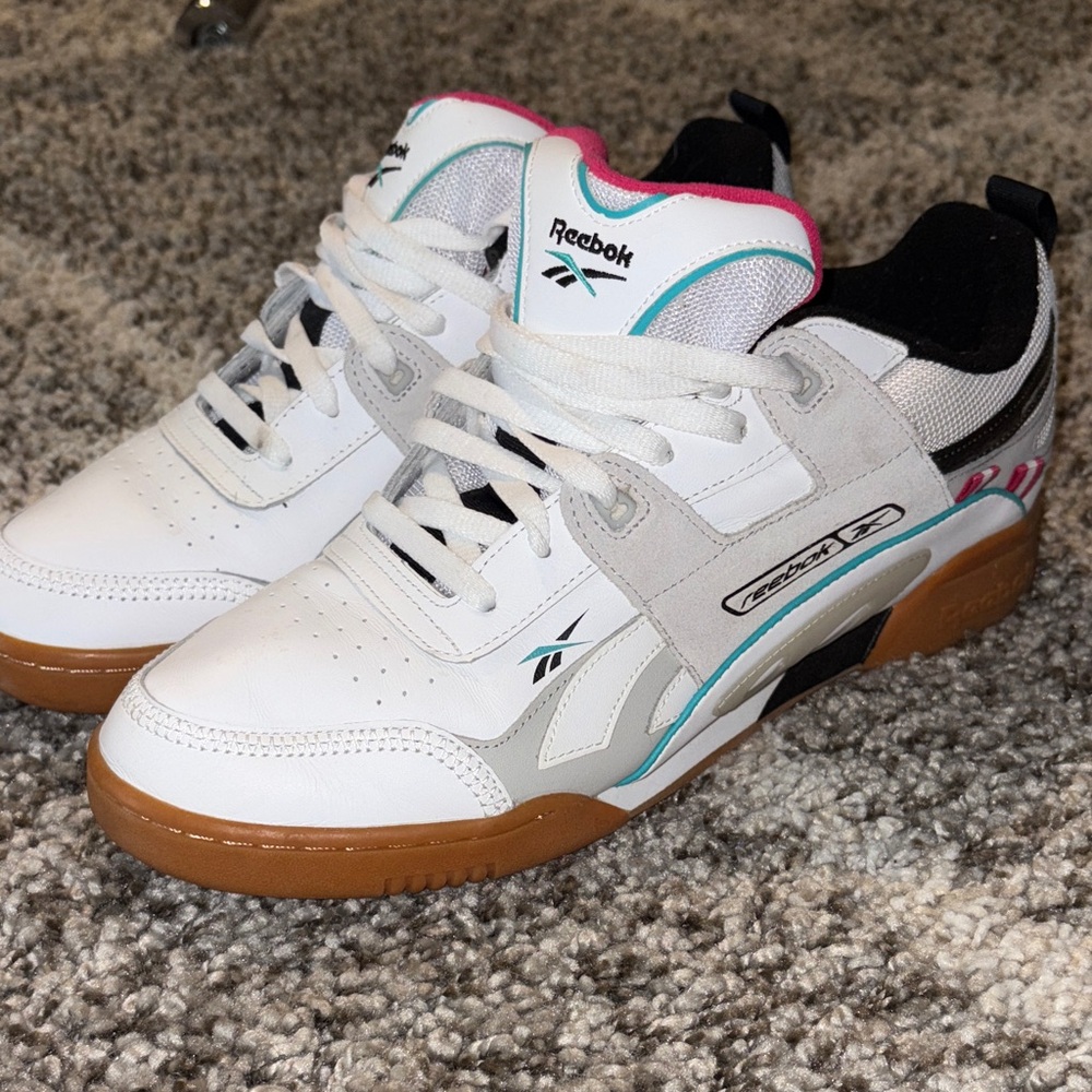 Reebok White and Gray Sneakers with Teal and Pink Accents
